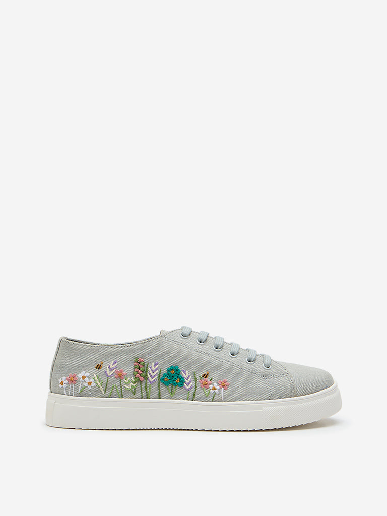 LUNA BLU Grey Floral Embroidered Sneakers