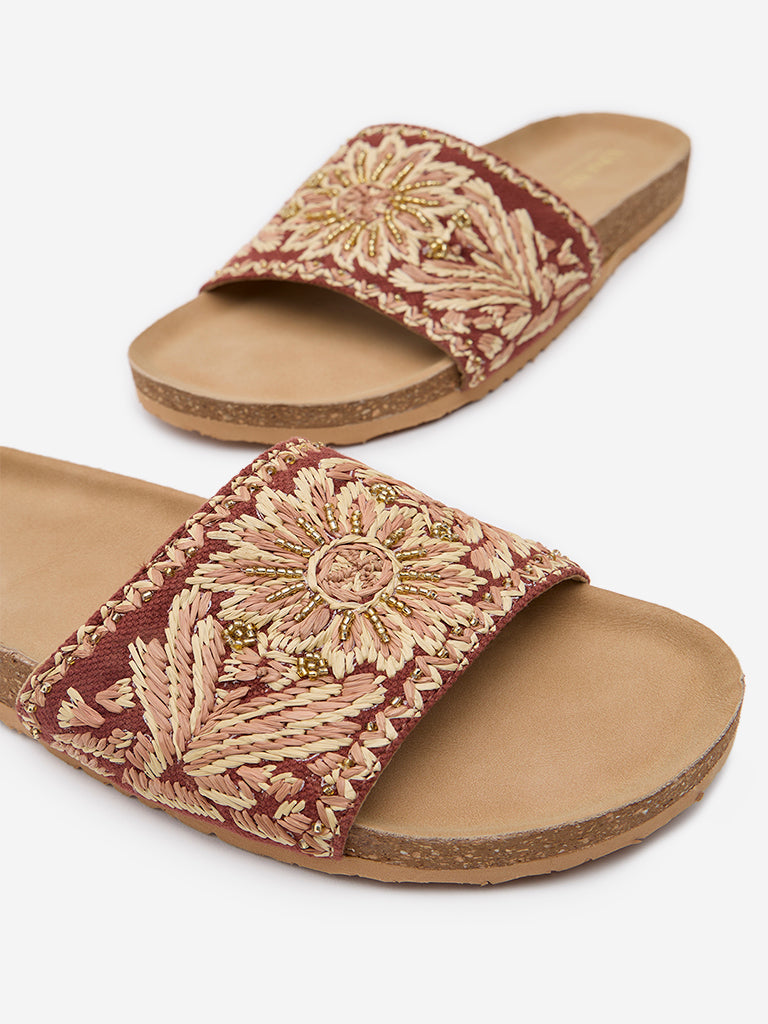 LUNA BLU Brown Floral Embroidered Slip-On Sandals