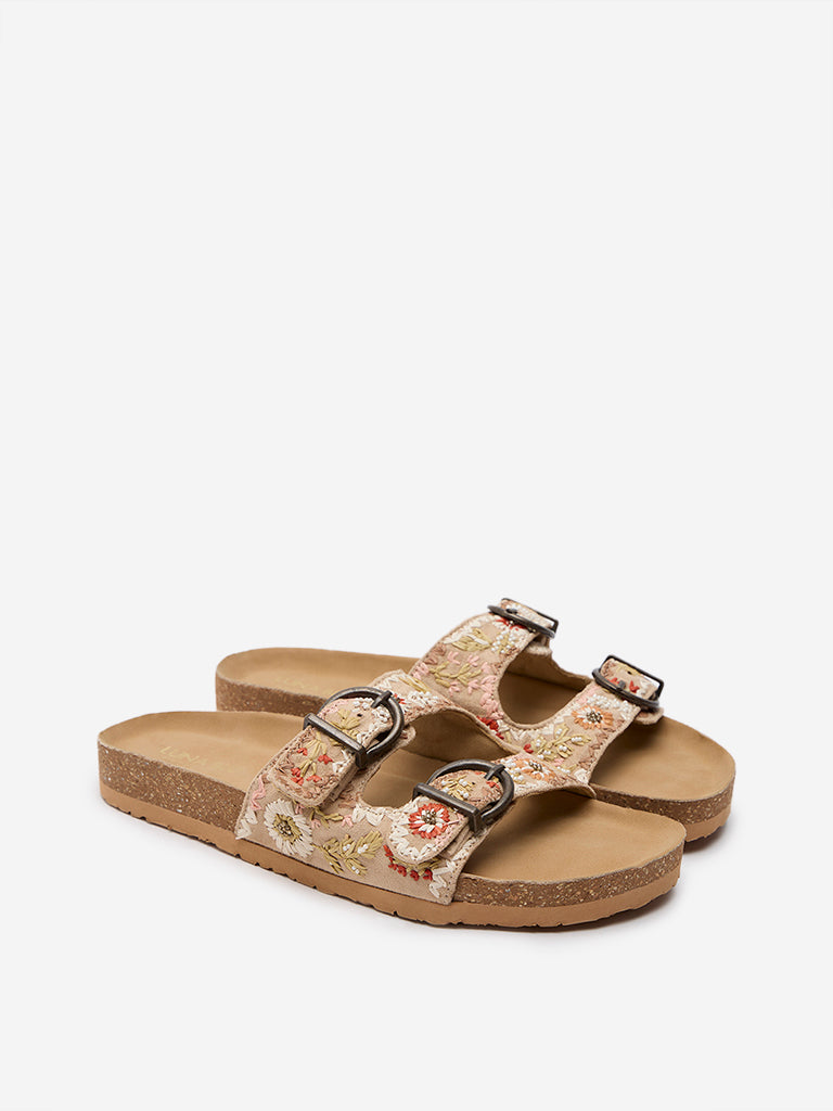 LUNA BLU Beige Belted Embroidered Slides