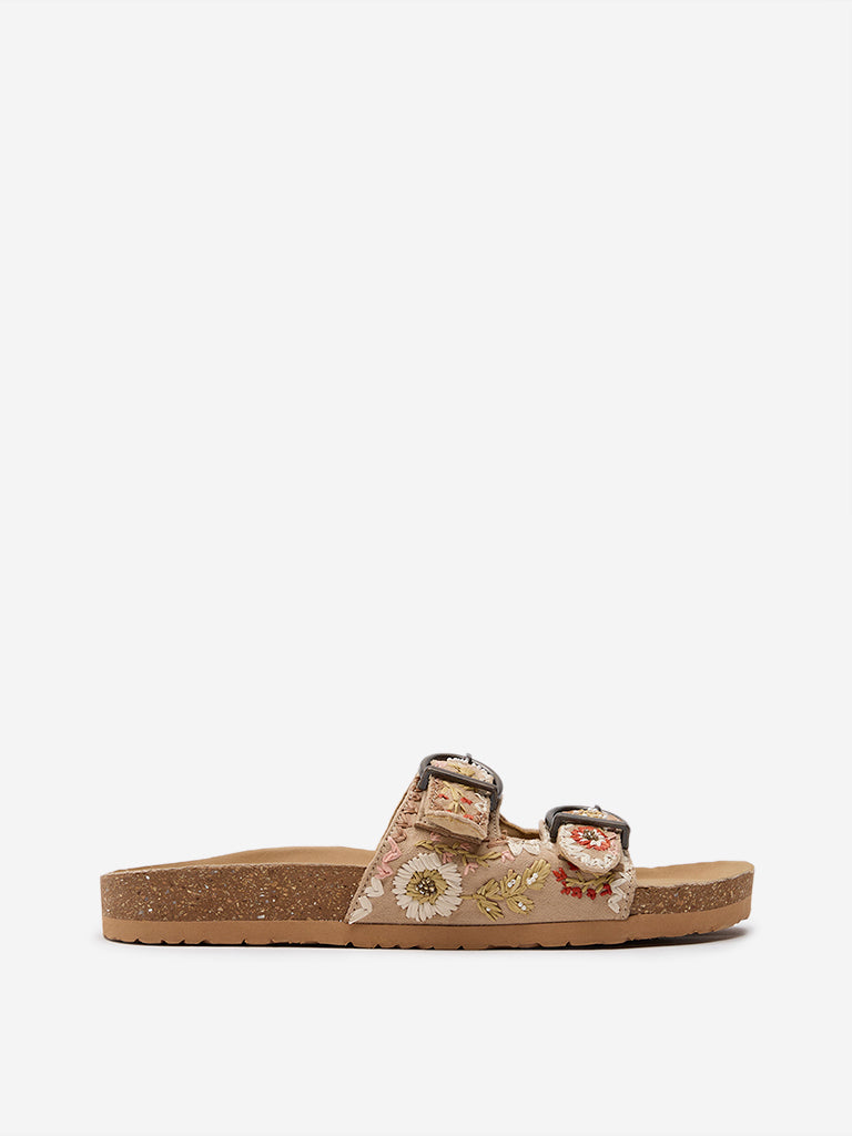 LUNA BLU Beige Belted Embroidered Slides