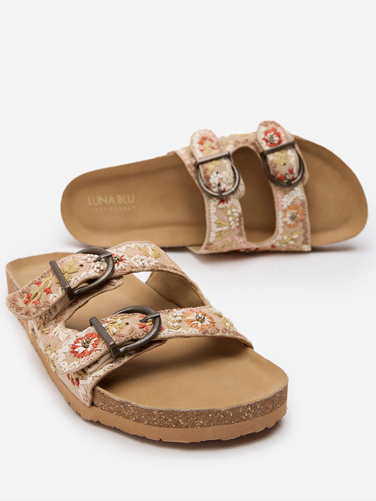 LUNA BLU Beige Belted Embroidered Slides