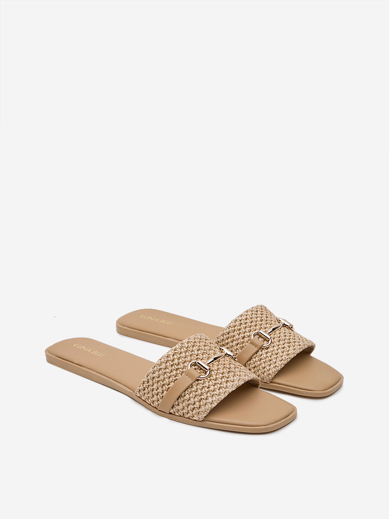 LUNA BLU Beige Raffia-Detailed Slides