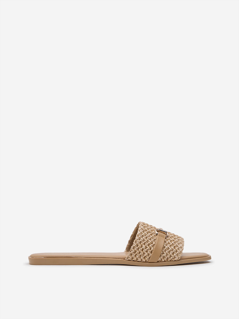 LUNA BLU Beige Raffia-Detailed Slides