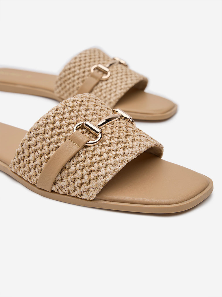 LUNA BLU Beige Raffia-Detailed Slides