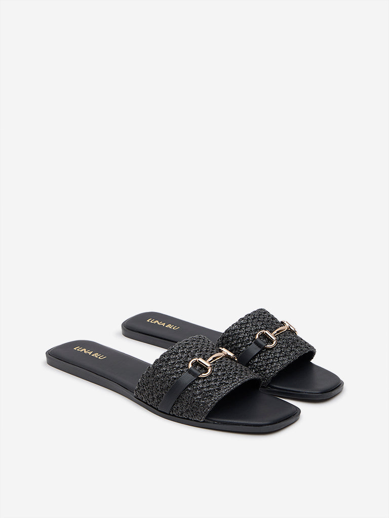 LUNA BLU Black Raffia-Detailed Slides