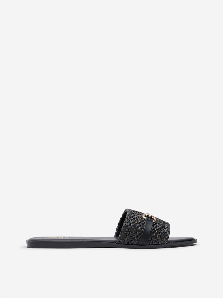 LUNA BLU Black Raffia-Detailed Slides