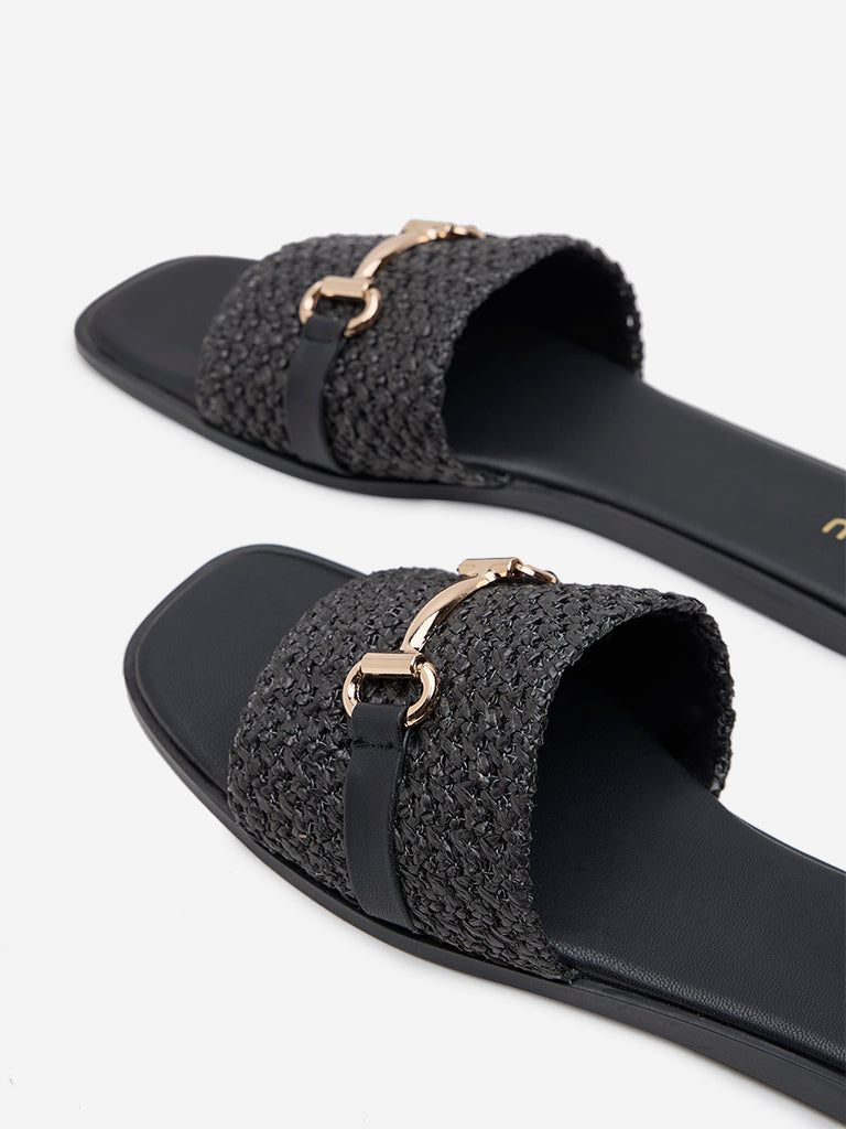 LUNA BLU Black Raffia-Detailed Slides