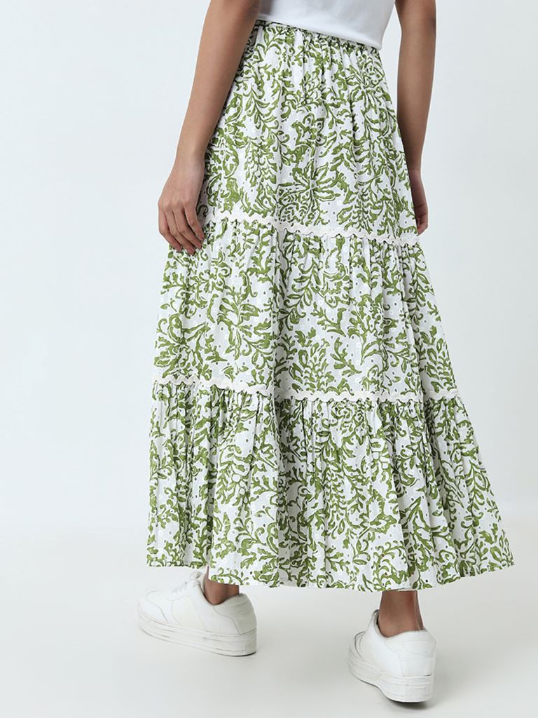 Buy LOV Green Leaf Design Tiered Cotton Skirt from Westside