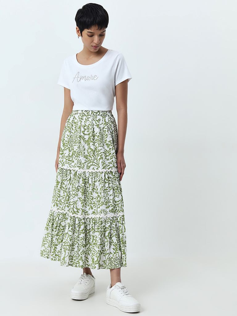 LOV Green Leaf Design Tiered Cotton Skirt