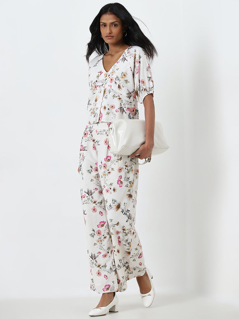 LOV Off-White White Floral High-Rise Palazzos