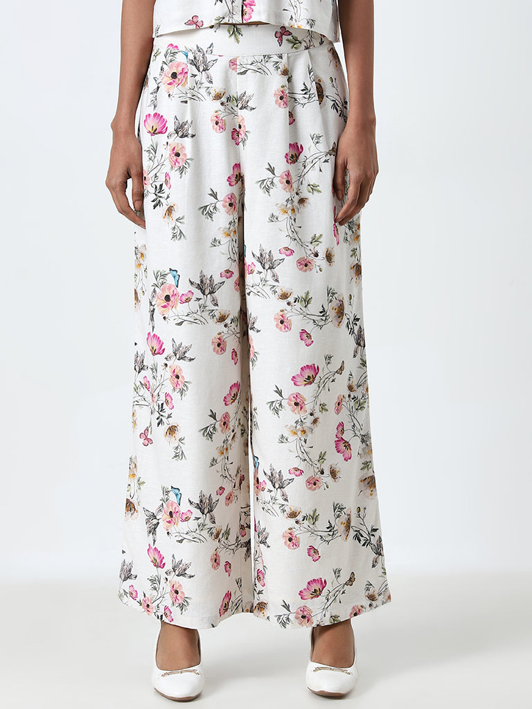 LOV Off-White White Floral High-Rise Palazzos