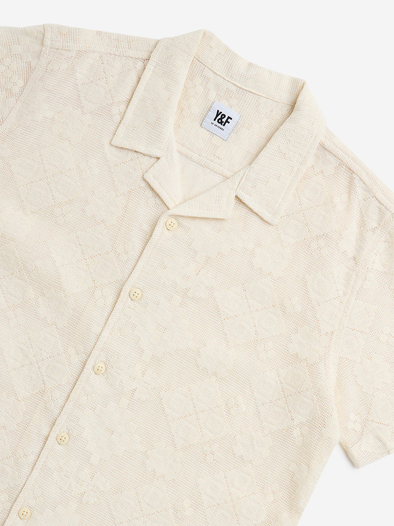 Y&F Kids Light Beige Embroidered Resort-Fit Cotton Shirt