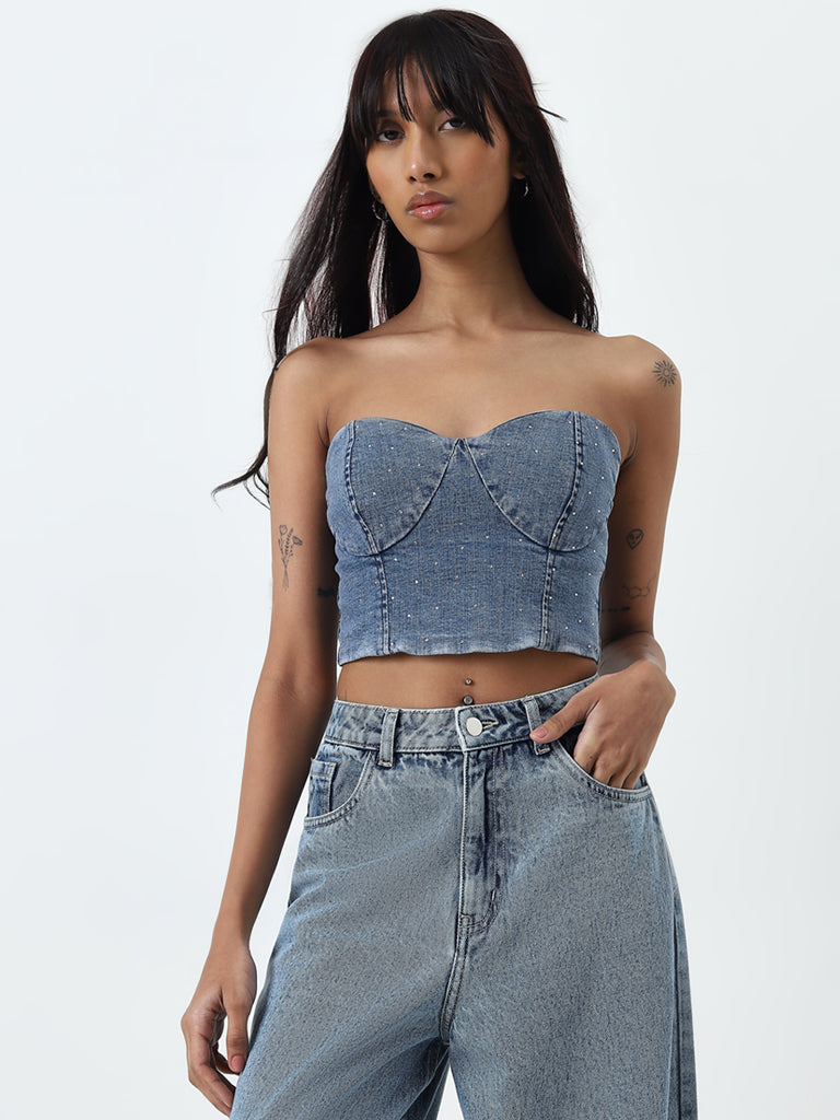 Nuon Blue Embellished Denim Tube Top