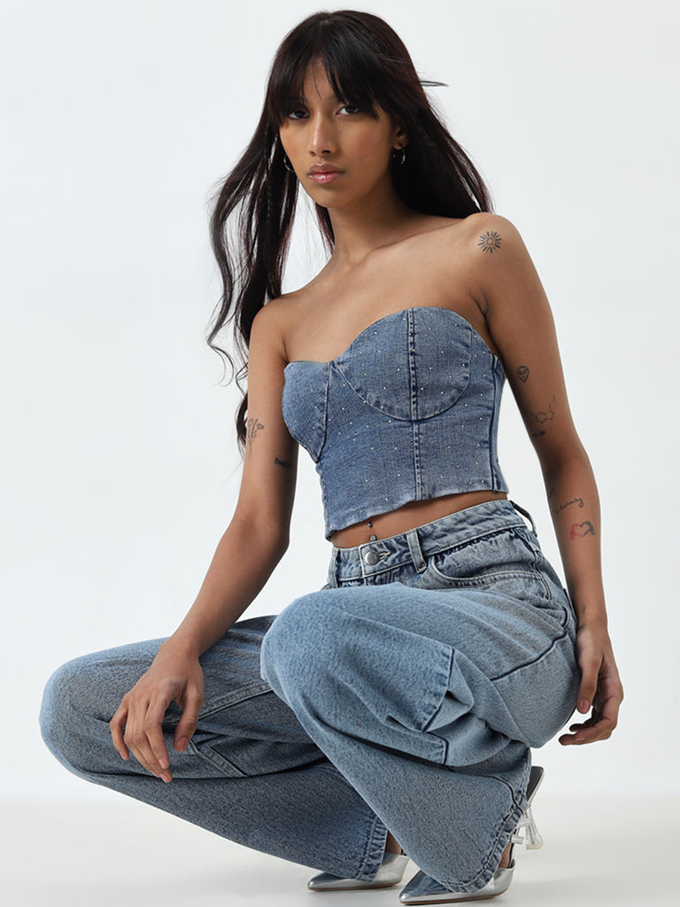 Nuon Blue Embellished Denim Tube Top