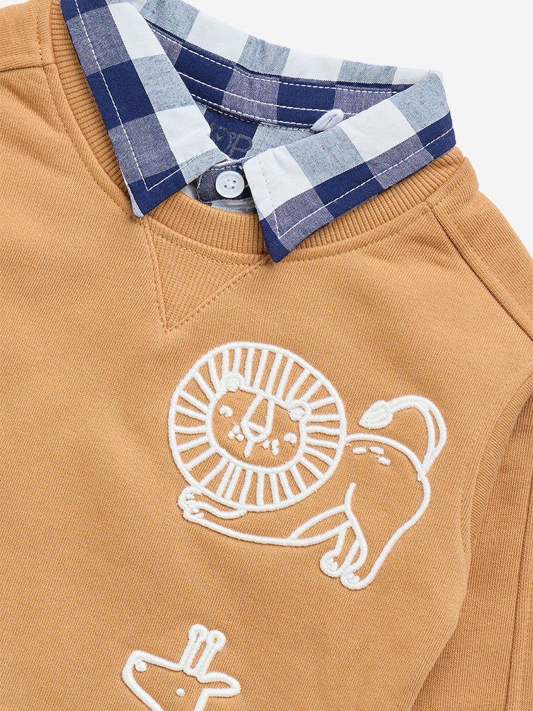 HOP Baby Brown Animal Design Collared T-Shirt