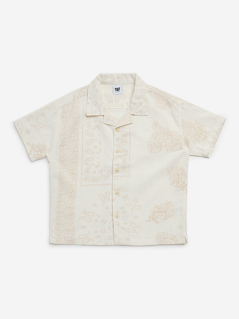 Y&F Kids Off-White Paisley Design Resort-Fit Cotton Shirt