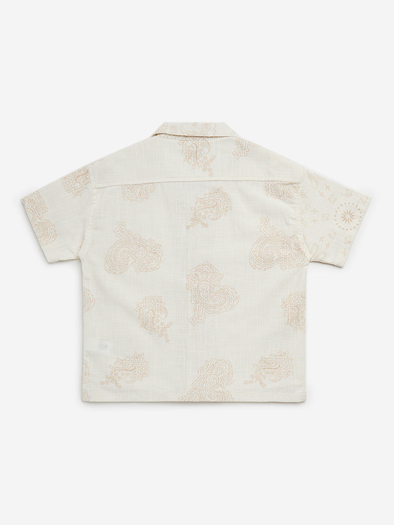 Y&F Kids Off-White Paisley Design Resort-Fit Cotton Shirt