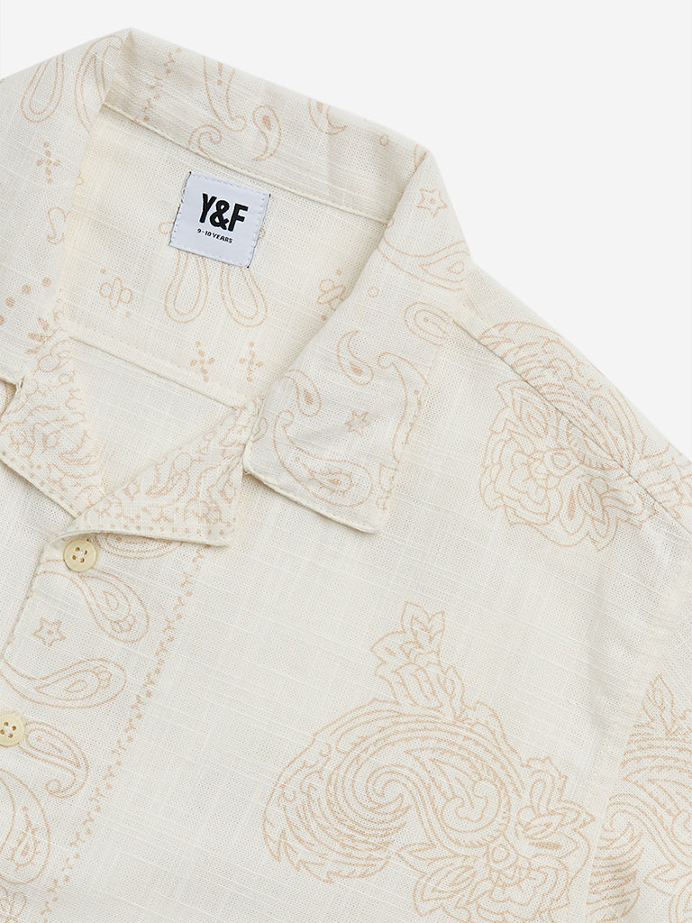 Y&F Kids Off-White Paisley Design Resort-Fit Cotton Shirt