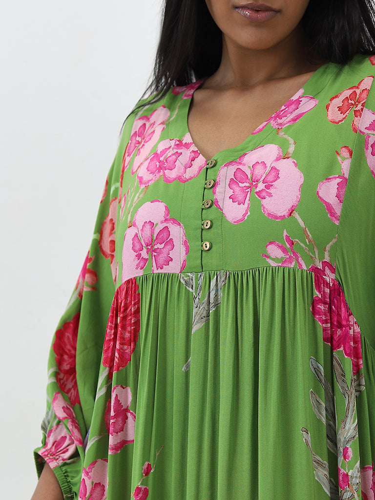 Diza Green Floral Fit-and-Flare A-Line Dress