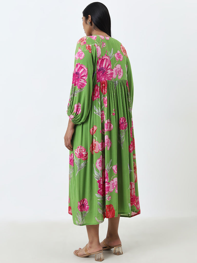 Diza Green Floral Fit-and-Flare A-Line Dress