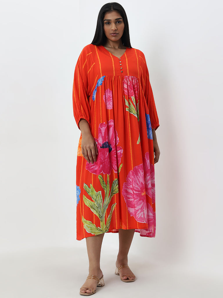 Diza Orange Floral A-Line Dress