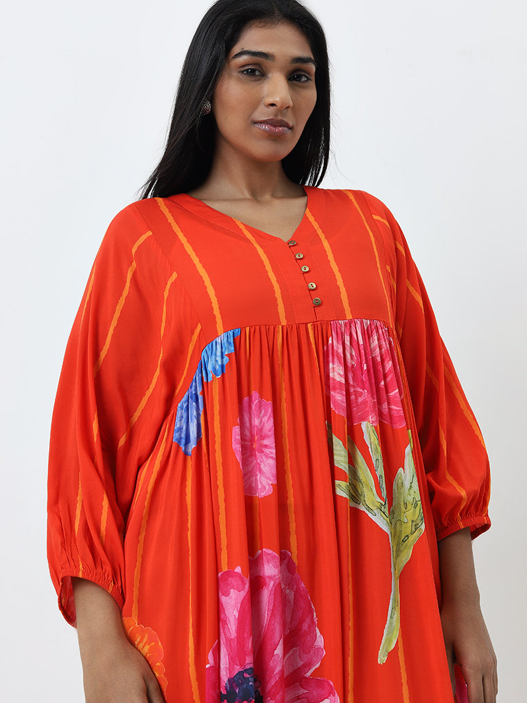 Diza Orange Floral A-Line Dress