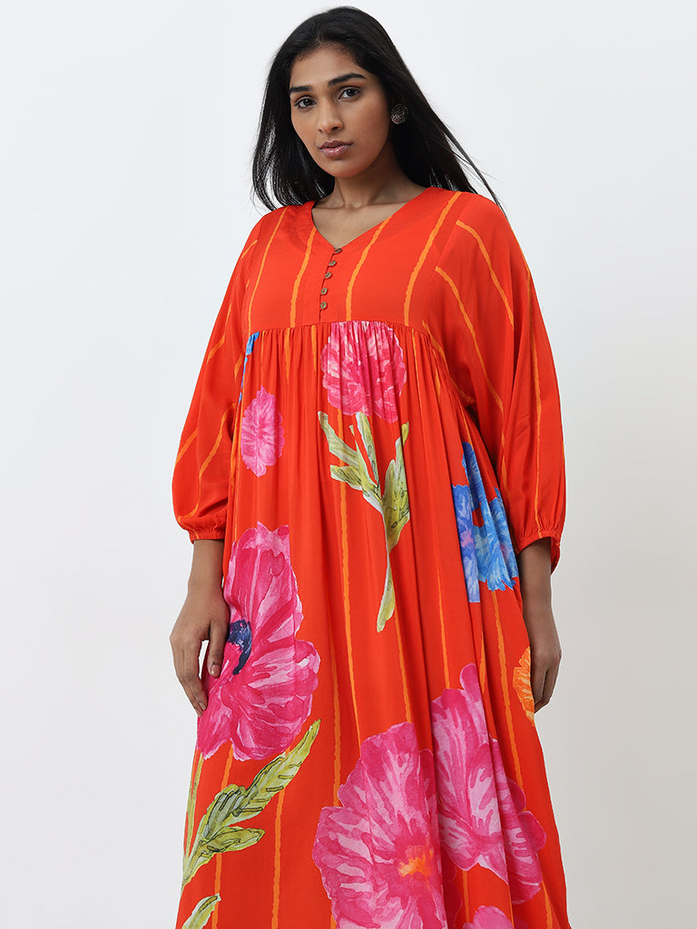 Diza Orange Floral A-Line Dress