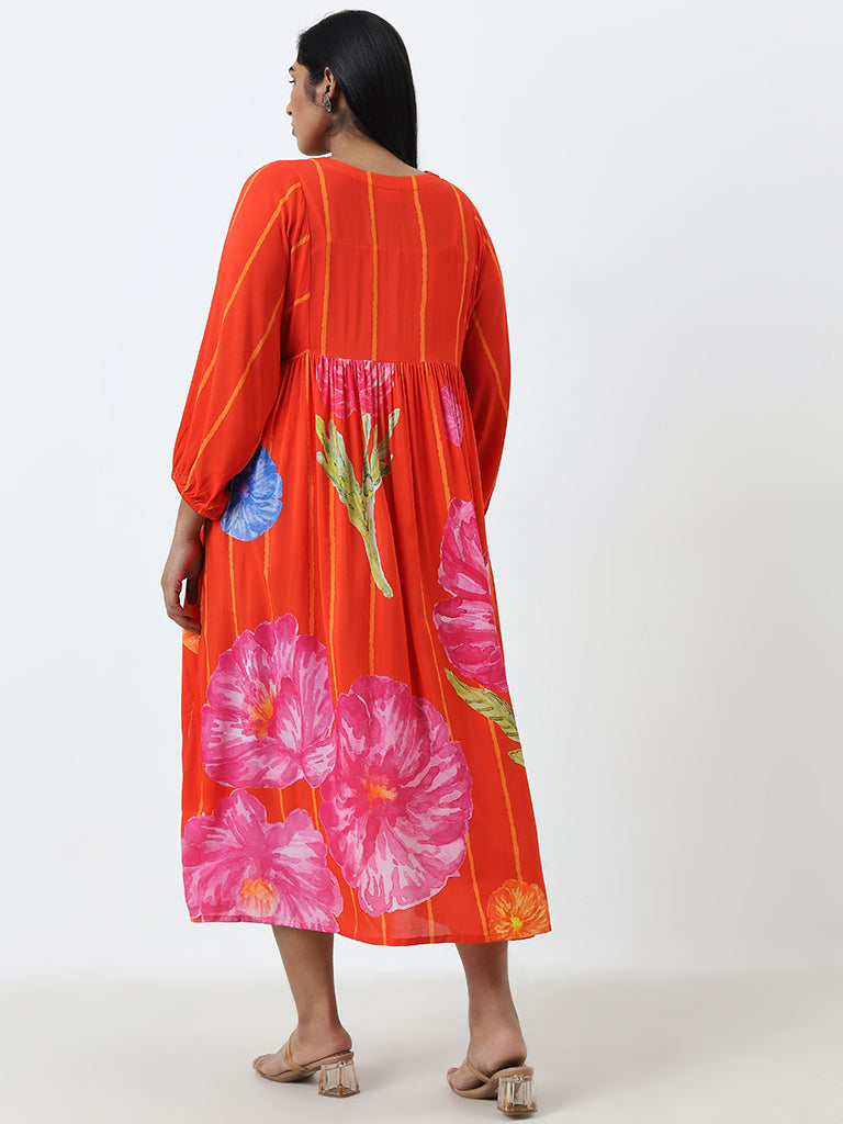 Diza Orange Floral A-Line Dress