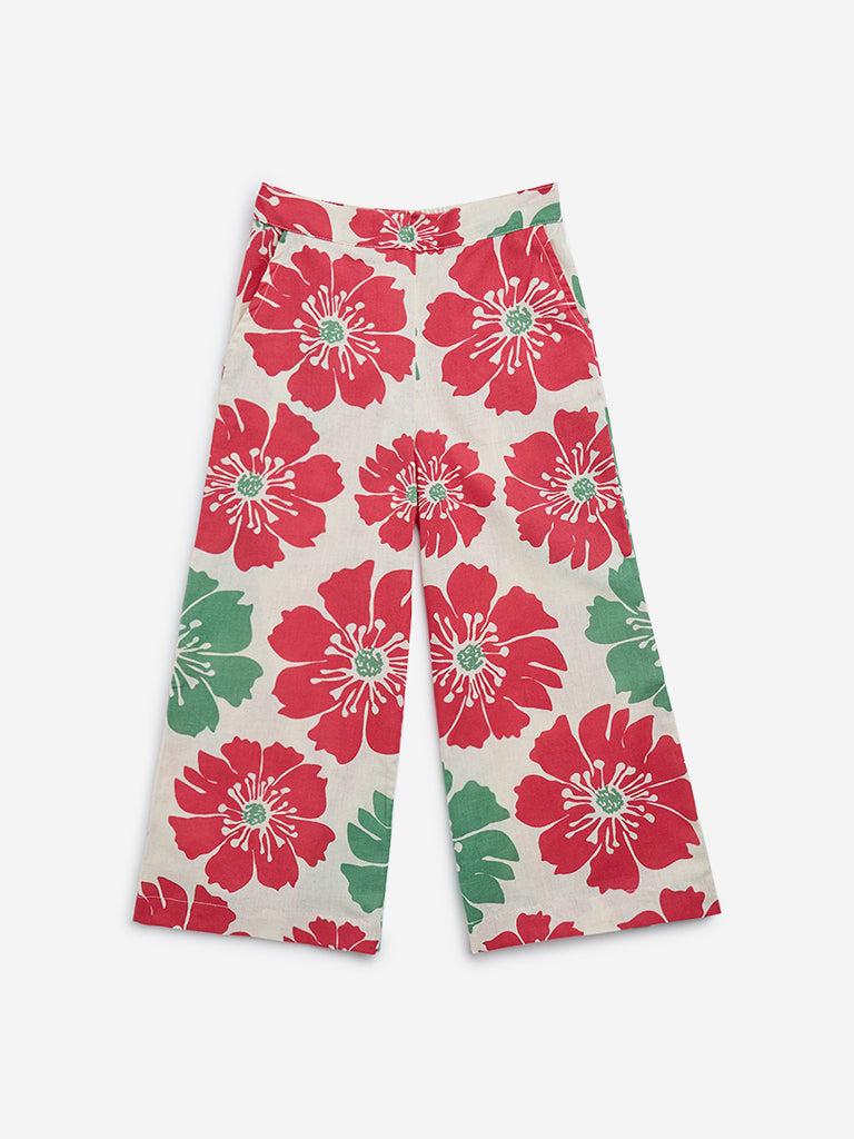 Utsa Kids Off-White Floral Printed High-Rise Cotton Blend Ethnic Pants - (2-8yrs)