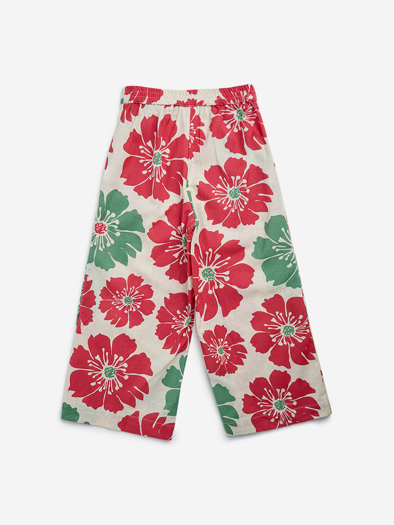 Utsa Kids Off-White Floral Printed High-Rise Cotton Blend Ethnic Pants - (2-8yrs)