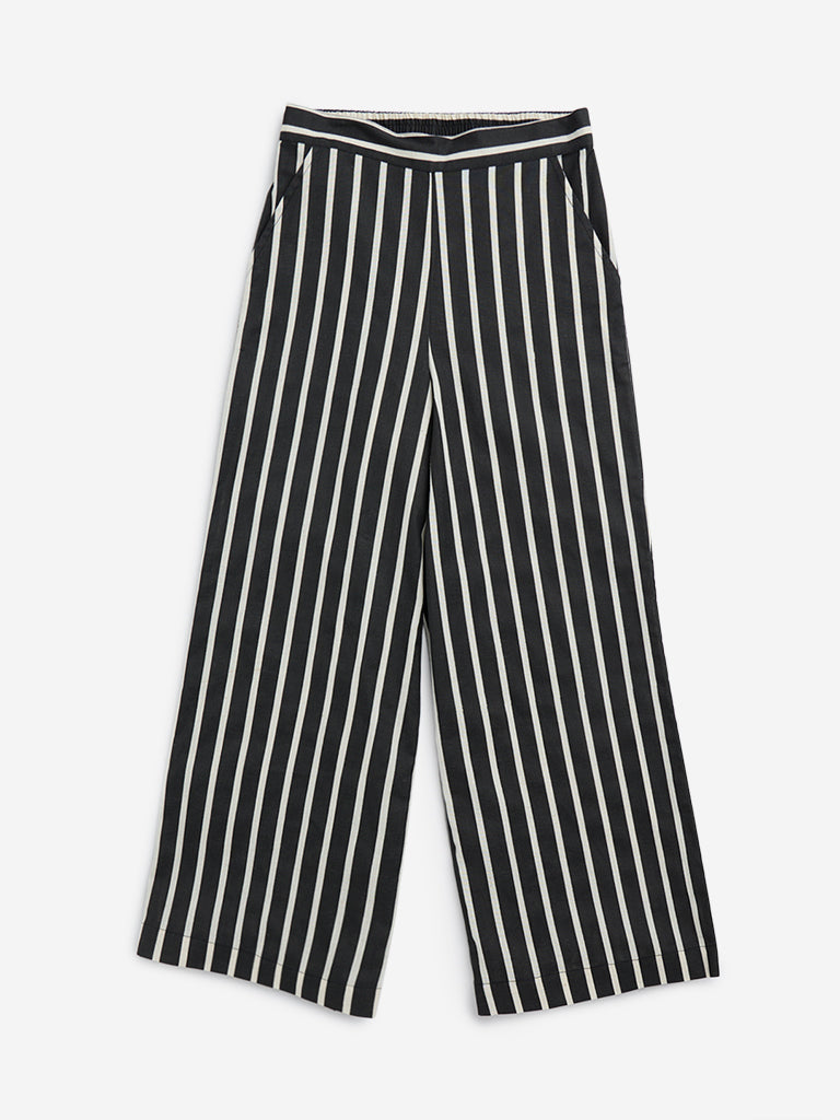 Utsa Kids Black Striped High-Rise Cotton Blend Ethnic Pants - (8-14 yrs)