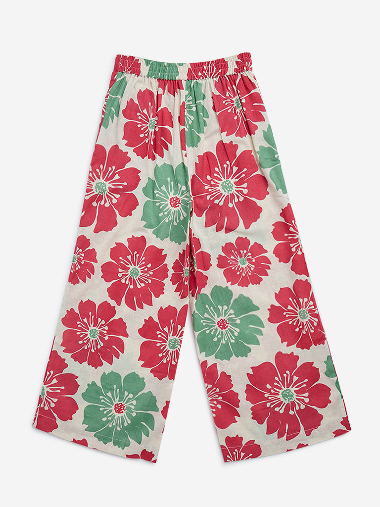 Utsa Kids Off-White Floral Printed High-Rise Cotton Blend Ethnic Pants - (8-14yrs)