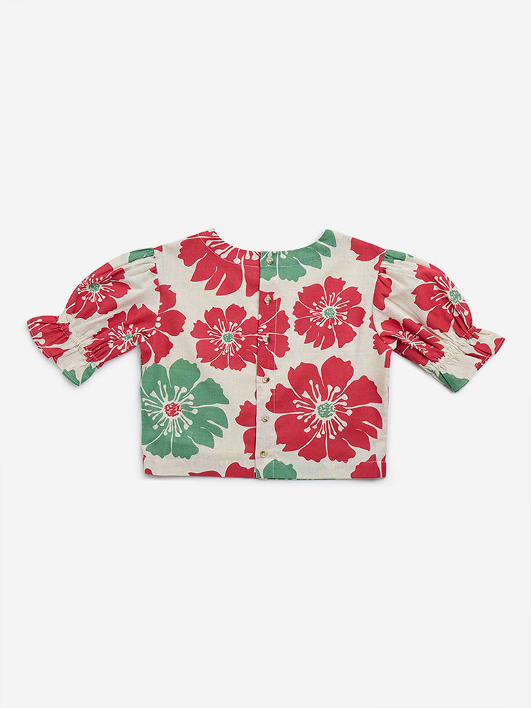 Utsa Kids Off-White Floral Printed Cotton Blend Top - (9-14yrs)