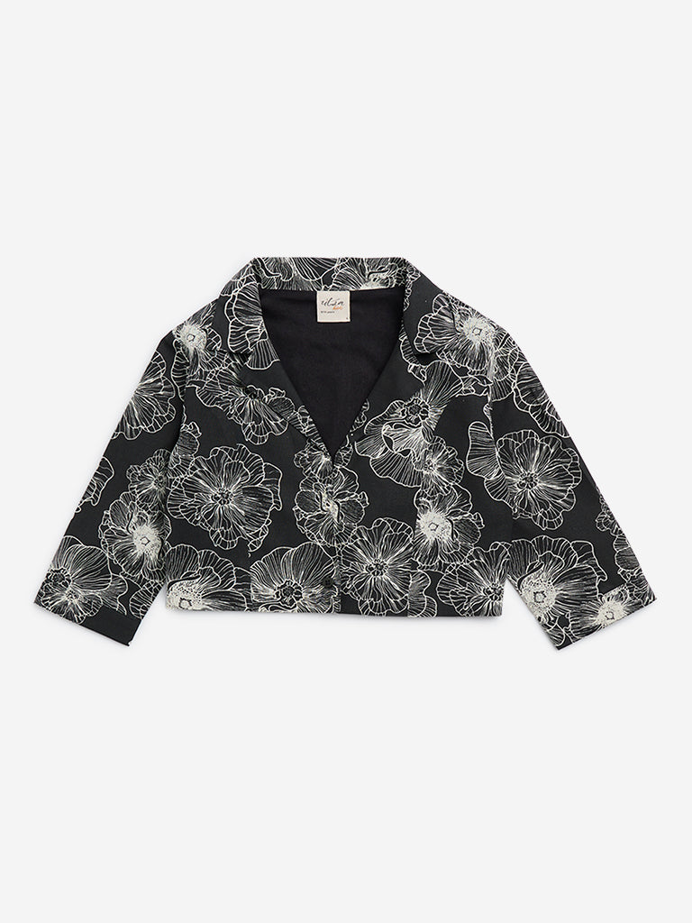 Utsa Kids Black Floral Printed Cotton Jacket - (8-14yrs)