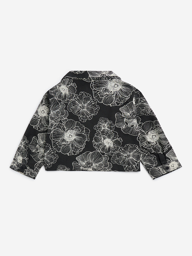 Utsa Kids Black Floral Printed Cotton Jacket - (8-14yrs)