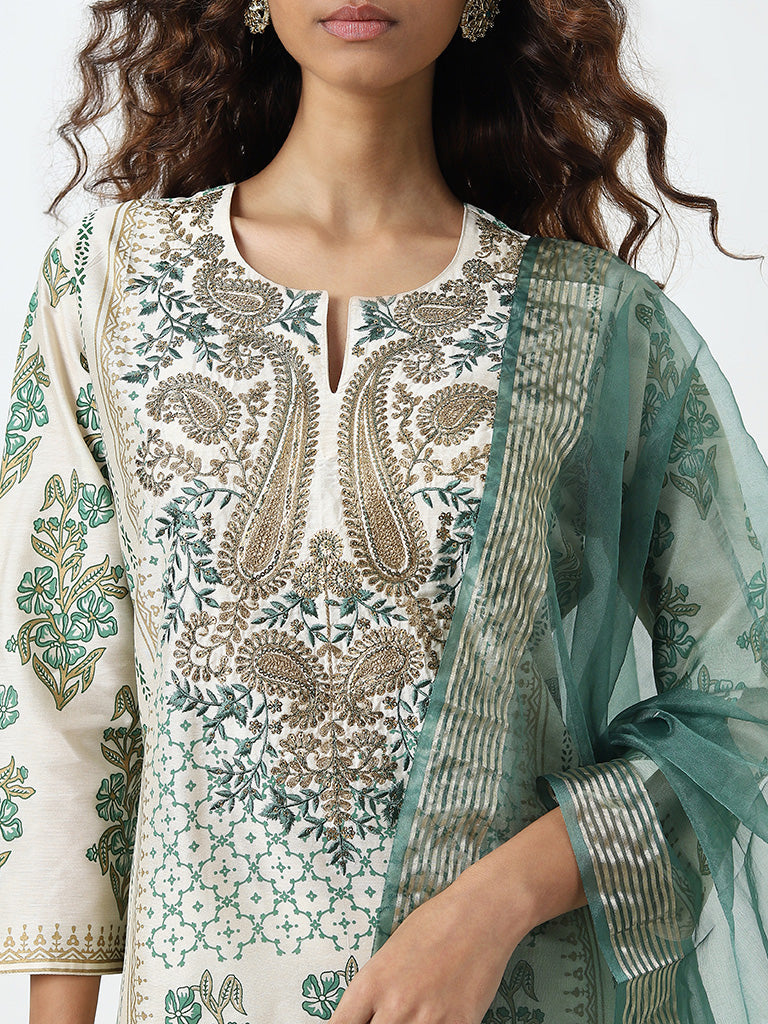 Vark Green Embellished Straight Kurta Pants and Dupatta Set