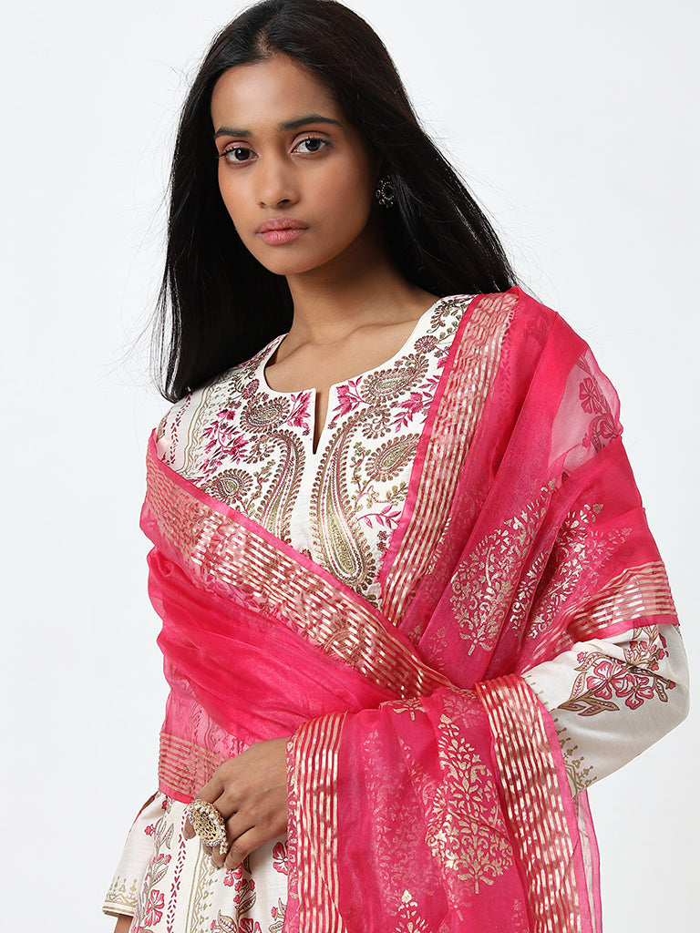 Vark Pink Embroidered Straight Kurta, Pants and Dupatta Set