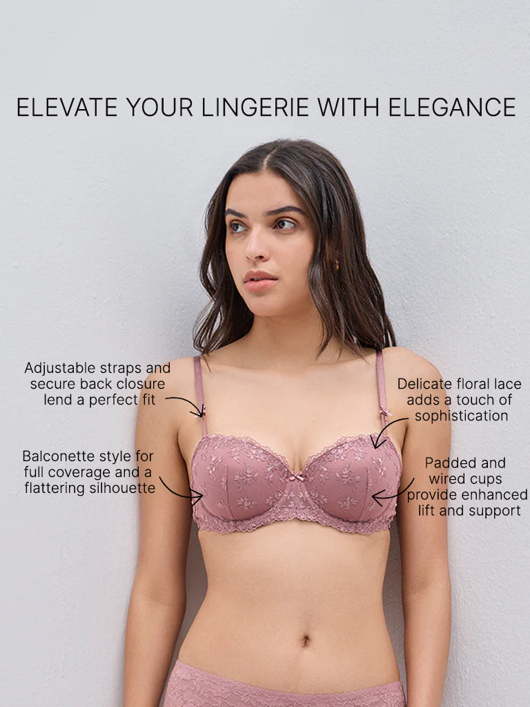 Wunderlove Mauve Floral Lace Padded Wired Bra