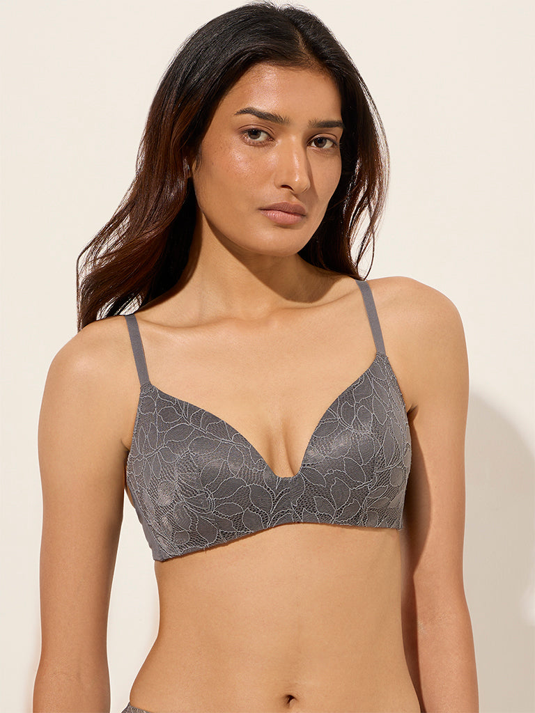 Wunderlove Grey Plunge Neck Padded Bra