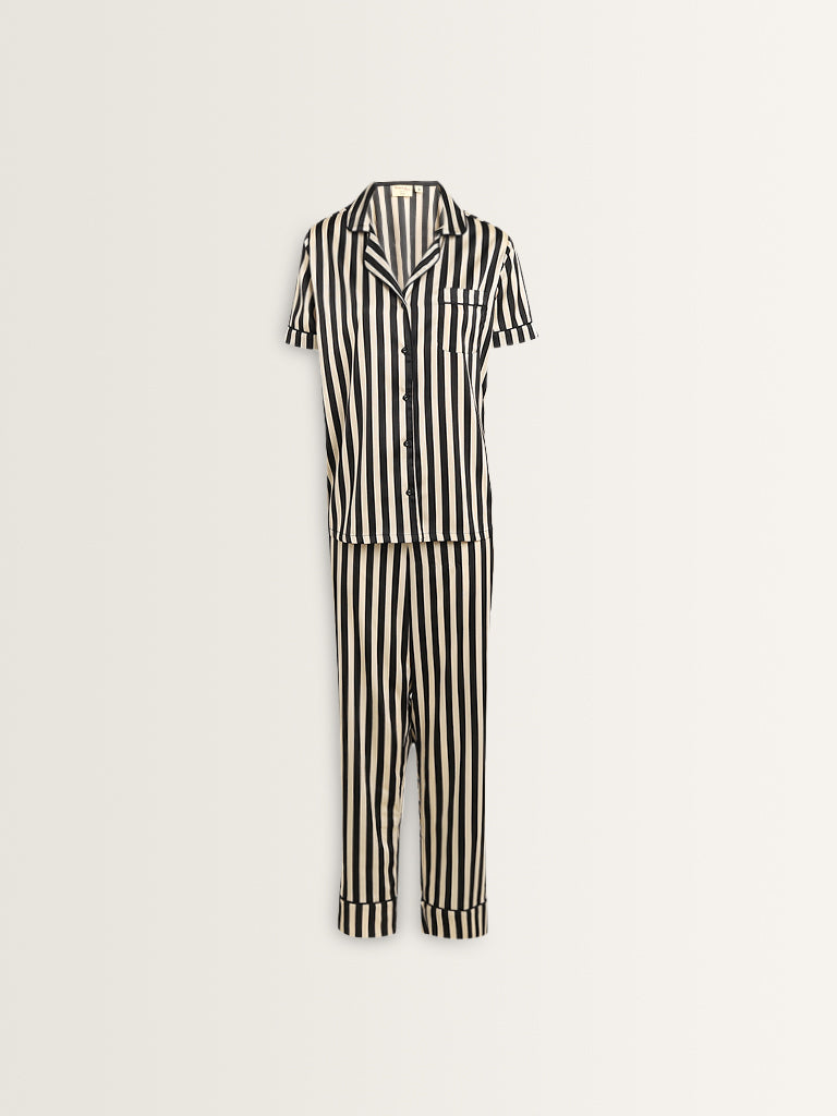 Wunderlove Black Stripe Printed Shirt with Pyjamas Set