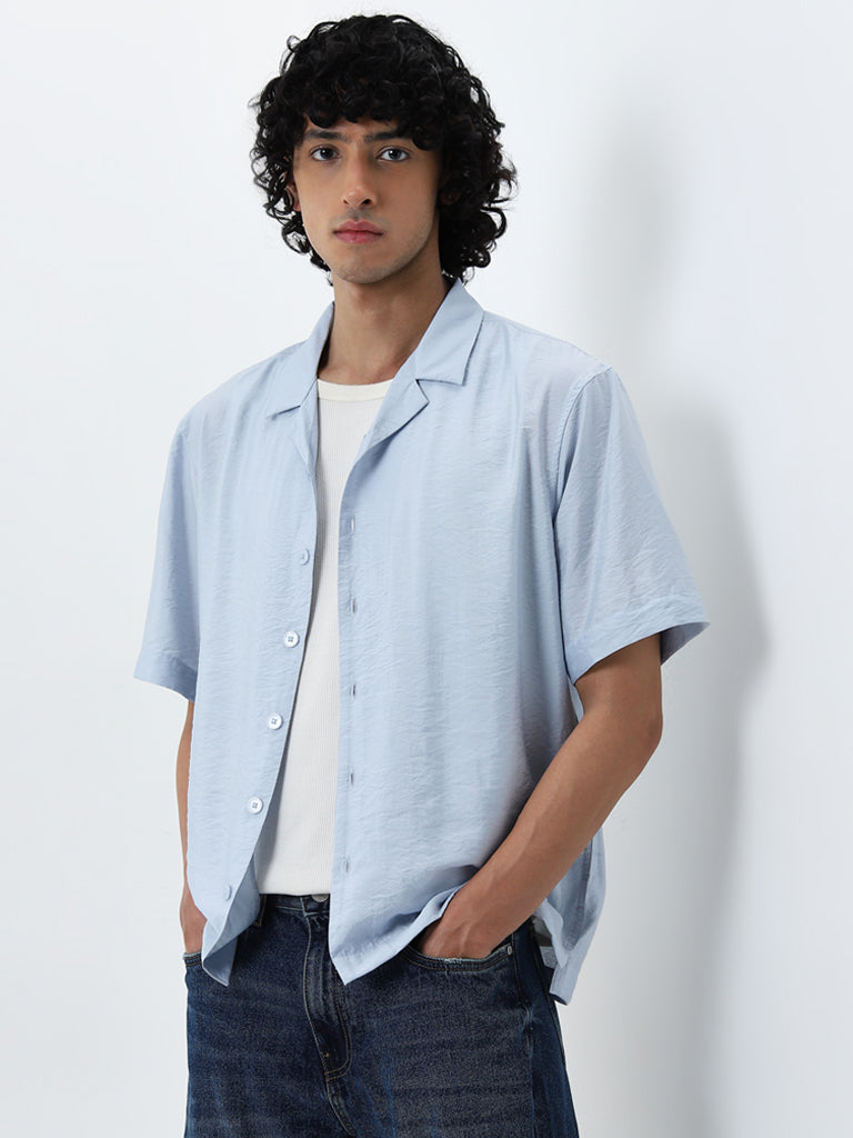 Nuon Light Blue Crinkled Relaxed-Fit Cotton Shirt