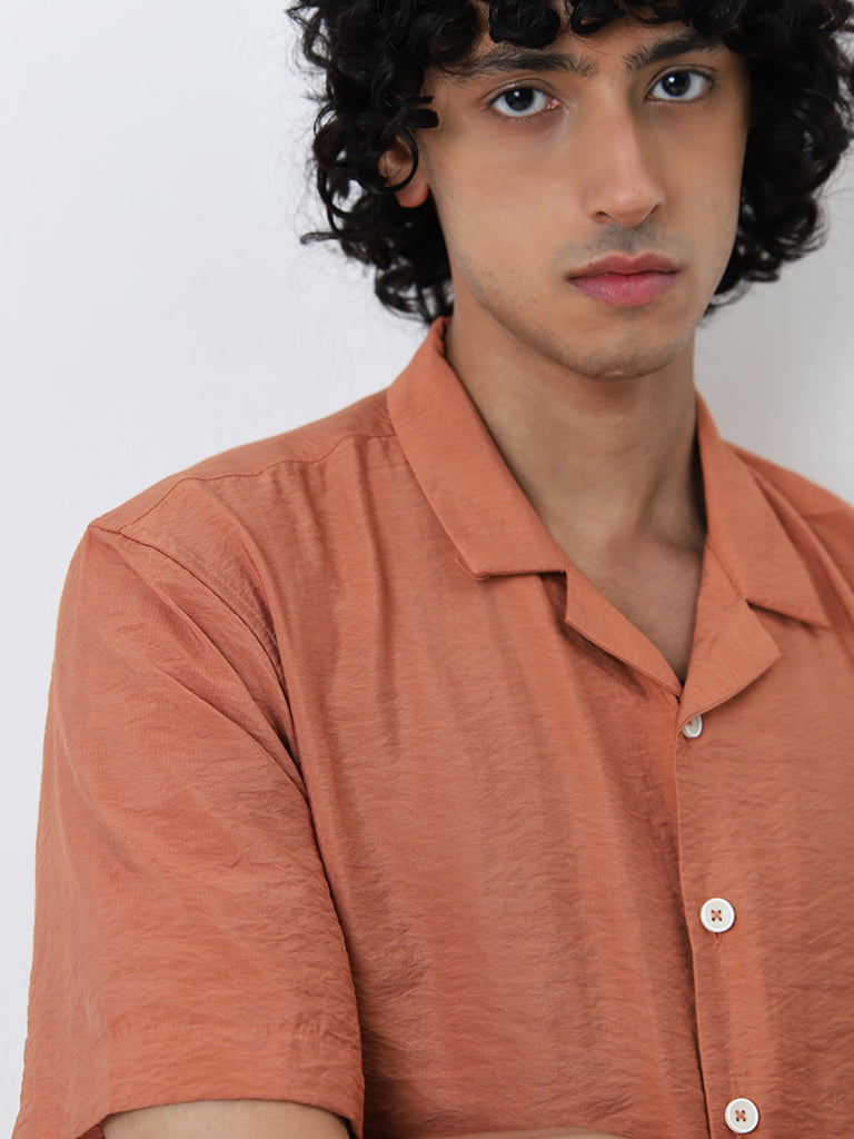 Nuon Dusty Orange Crinkled Relaxed Fit Cotton Shirt