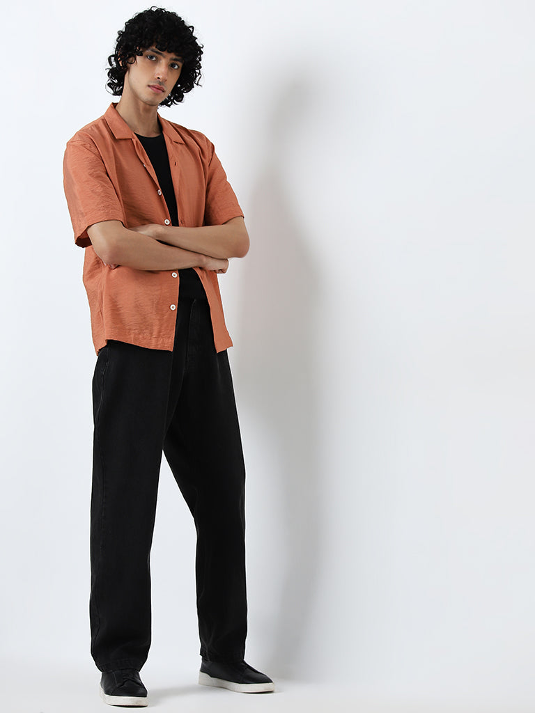 Nuon Dusty Orange Crinkled Relaxed Fit Cotton Shirt