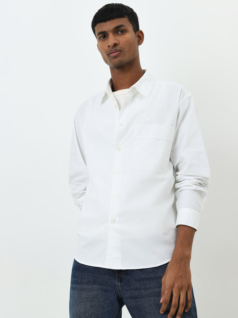 Nuon White Solid Relaxed-Fit Cotton Shirt