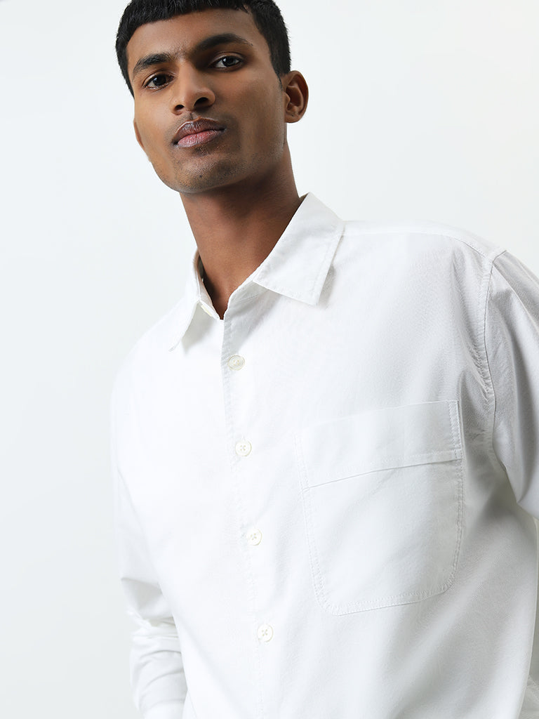 Nuon White Solid Relaxed-Fit Cotton Shirt