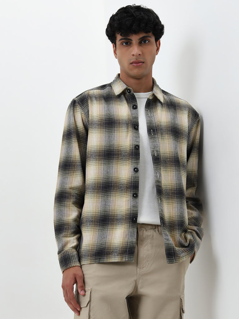 Nuon Olive Checks Printed Relaxed-Fit Cotton Shirt