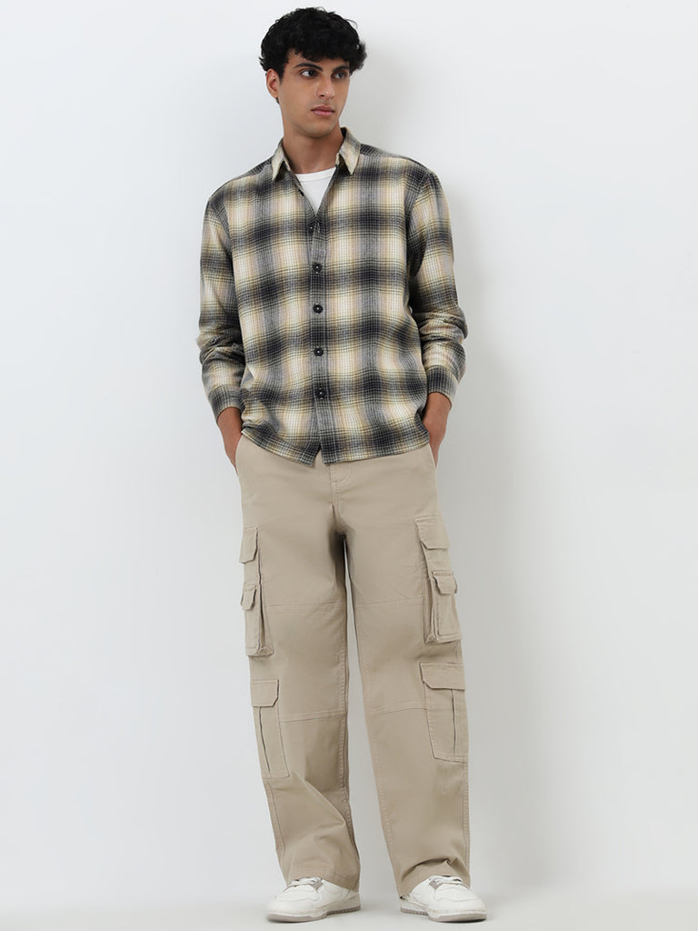 Nuon Olive Checks Printed Relaxed-Fit Cotton Shirt