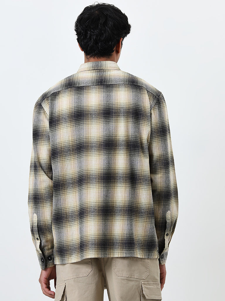 Nuon Olive Checks Printed Relaxed-Fit Cotton Shirt