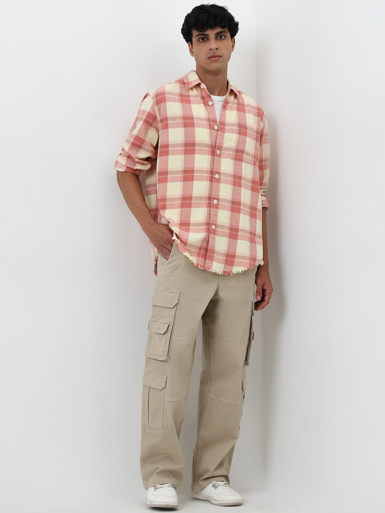 Nuon Pink Checks Printed Relaxed-Fit Cotton Shirt