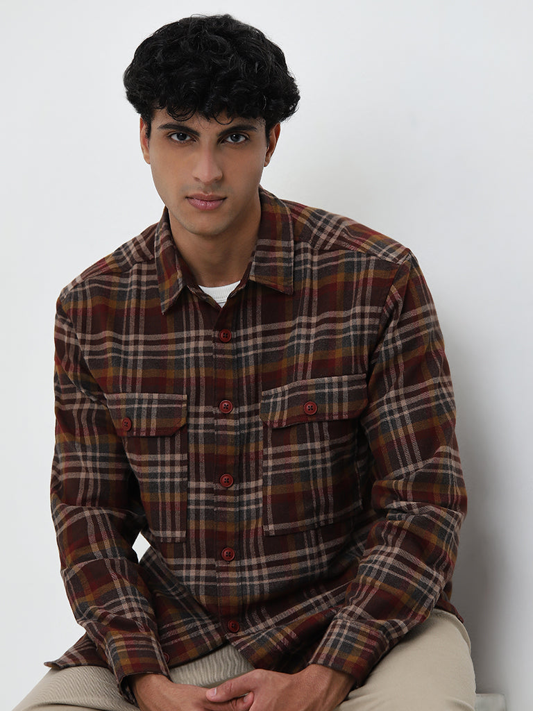 Nuon Brown Checkered Relaxed-Fit Shirt